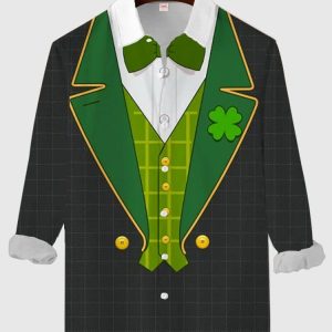 Funny Tuxedo Irish Leprechaun Costume For St. Patrick’s Day Printing Men’s Long Sleeve KLA Hawaiian Shirt