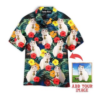 Funny White Cat Sitting Beside Tropical Floral Custom Hawaiian Shirt