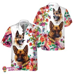 German Shepherd Floral Pattern Hawaiian Shirt, Funny German Shepherd Shirt, Dog Hawaiian Shirt For Adults