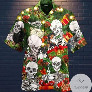 Get Here Christmas Skull Love Cat Green Hawaiian Shirts