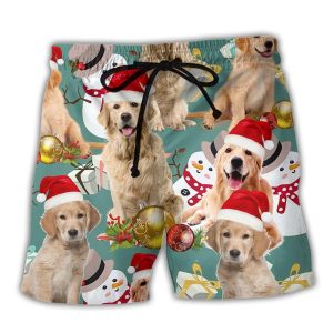 Golden Retriever Merry Christmas Snowman Trendy KLA Hawaiian Beach Shorts