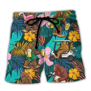Golf Funny Bigfoot Playing Golf Golf And Beer Tropical Lover Trendy KLA Hawaiian Beach Shorts