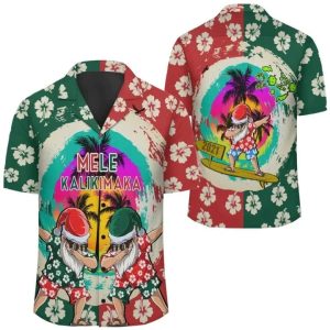 Green And Red Hawaii Mele Kalikimaka Dabbing Santa Surfing Trendy Hawaiian Shirt, Summer Short Sleeve Hawaiian KLA Shirt