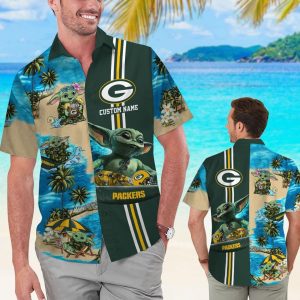 Green Bay Packers Baby Yoda Name Personalized Short Sleeve Button Up Tropical Hawaiian Shirt