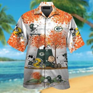 Green Bay Packers Snoopy Autumn Short Sleeve Button Up Tropical Hawaiian Shirt