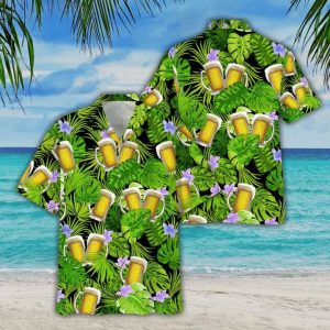 Green Palm Leave And Beer Watercolor Design Hawaiian Shirt
