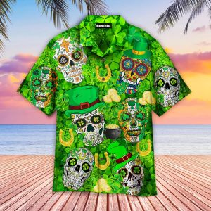 Green Sugar Skull St Patricks Day Trendy Hawaiian Shirt For
