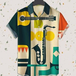 Guitar & Saxophone Print Trendy Hawaiian Shirt, Tropical Beach Shirt Button Down Shirt, Hawaiian Set Gift, Gifts For Bachelor Party, Shirt Funny.