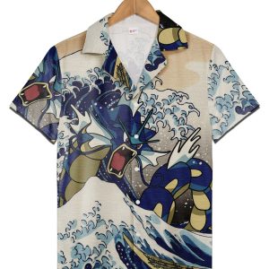 Gyarados Pokemon Hawaiian Shirt, Japanese Wave Art Inspired Pokémon KLA Shirt for Pokemon Fans