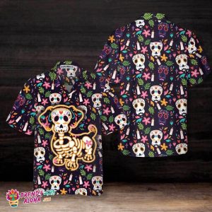 Halloween Gift Bone Skull Dog With Mexico Pattern Hawaiian Shirt, Funny Sugar Skull Dachshund Shirt