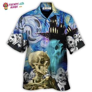 Halloween Skull Smoke Scream Starry Night Funny Boo Art Style Hawaiian Shirt – Trendy KLA