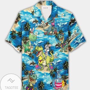 Happy Easter 2021 Funny Bunny Riding Dinosaur Unisex Hawaiian Shirts
