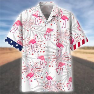 Happy Independence Day Flamingo Firework All Printed 3D Hawaiian Shirt