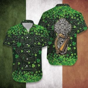 Hawaiian KLA Shirts, Irish St Patrick’s Day The Celtic Cross Harp, St Patrick’s Day Hawaiian Shirt