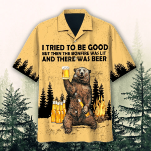 Hawaiian Bear Shirts, Bear Drink Beer Trendy Hawaiian Shirt, There Was Beer Watercolor Design Trendy Hawaiian Shirt