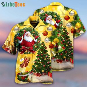 Hawaiian Christmas Shirt with Joyful Santa by Tree