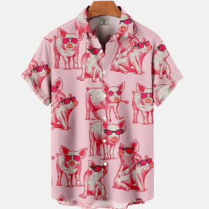 Hawaiian Funny Animal Pig Print Pocket Short Sleeve Trendy Hawaiian Shirt