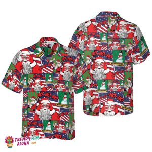 Hawaiian Shirts, Santa With American Flag Comic Style Shirt Short Sleeve, Christmas Shirt Idea Gift For Men And Women