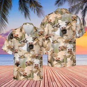 Herd Of Charolais All Over Printed 3D Trendy Hawaiian Shirt, Farm Cow Trendy Hawaiian Shirt For Men And Women