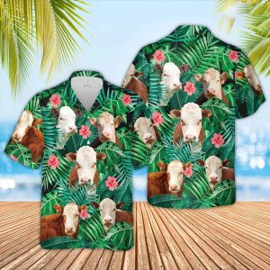 Hereford 2 Cow Trendy Hawaiian Shirt, Farmer Trendy Hawaiian Shirts, Summer Tropical Shirts, Gift For Him, Funny Trendy Hawaiian Shirts