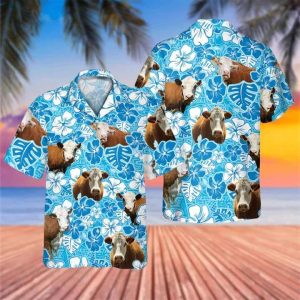 Hereford Blue Floral Cow Hawaiian Shirt