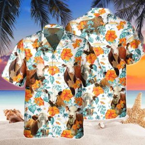 Hereford Bright Hibiscus Flowers Hawaiian Shirt, Cow Hawaii Shirts Men, Flowers KLA Shirt For Cow Lovers