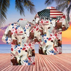 Hereford Cattle American Flag Flowers Trendy Hawaiian Shirt, Farm Cow Trendy Hawaiian Shirt For Men And Women