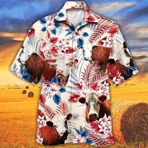 Hereford Cattle Lovers American Flag Hawaiian Shirt, Cow Flower KLA Shirt, Hawaiian Shirt Men, Women