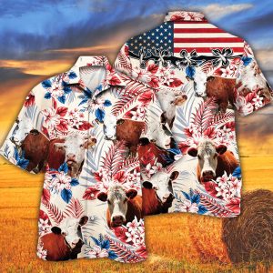 Hereford Cattle Lovers American Flag Trendy Hawaiian Shirt, Cow Trendy Hawaiian Shirt For Summer Gifts