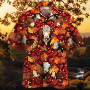 Hereford Cattle Lovers Autumn Red Leaves Trendy Hawaiian Shirt, Cow Trendy Hawaiian Shirt For Summer Gifts