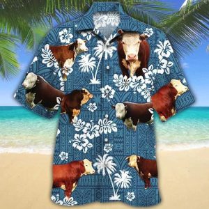 Hereford Cattle Lovers Blue Tribal Trendy Hawaiian Shirt, Cow Trendy Hawaiian Shirts For Men, Women