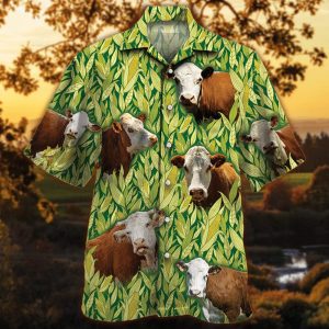 Hereford Cattle Lovers Corn Pattern Trendy Hawaiian Shirt, Cow Trendy Hawaiian Shirt For Summer Gifts