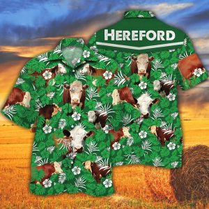 Hereford Cattle Lovers Green Floral Pattern Trendy Hawaiian Shirt, Cow Trendy Hawaiian Shirt For Summer Gifts