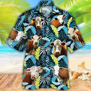 Hereford Cattle Lovers Jungle Leaves Trendy Hawaiian Shirt, Cow Trendy Hawaiian Shirt For Summer Gifts