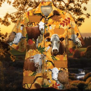 Hereford Cattle Lovers Orange Nature Autumn Trendy Hawaiian Shirt, Cow Trendy Hawaiian Shirt For Summer Gifts