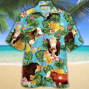 Hereford Cattle Lovers Pineapple Trendy Hawaiian Shirt, Cow Trendy Hawaiian Shirt For Summer Gifts