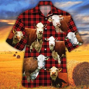 Hereford Cattle Lovers Red Tartan Pattern Trendy Hawaiian Shirt, Cow Trendy Hawaiian Shirt For Summer Gifts