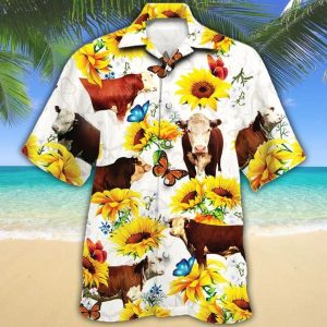 Hereford Cattle Lovers Sun Flower Trendy Hawaiian Shirt, Cow Trendy Hawaiian Shirt For Summer Gifts
