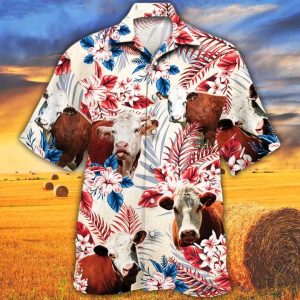 Hereford Cattle Lovers Texas Flag Trendy Hawaiian Shirt, Cow Flower KLA Shirt, Trendy Hawaiian Shirt Men, Women