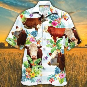 Hereford Cattle Lovers Tropical Flower Trendy Hawaiian Shirt, Cow Trendy Hawaiian Shirt For Summer Gifts