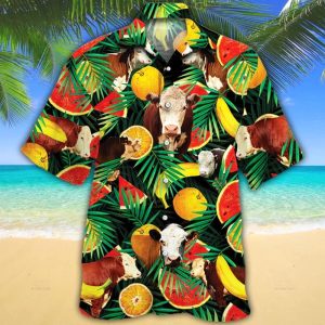 Hereford Cattle Lovers Tropical Fruits Trendy Hawaiian Shirt, Cow Trendy Hawaiian Shirt For Summer Gifts