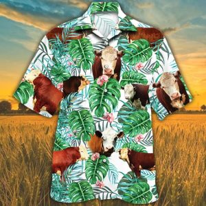 Hereford Cattle Lovers Tropical Plant Trendy Hawaiian Shirt, Cow Trendy Hawaiian Shirt, Trendy Hawaiian Shirts For Men, Women