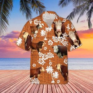 Hereford Cattle Red Tribal Hawaiian Shirt, Animal Cow Short Sleeve Hawaiian KLA Shirt For Men, Women
