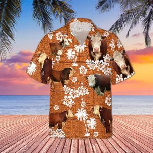Hereford Cattle Red Tribal Trendy Hawaiian Shirt, Animal Cow Short Sleeve Hawaiian KLA Shirt For Men, Women