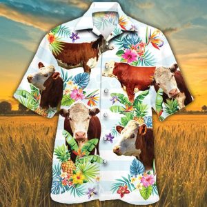 Hereford Cattle Trendy Hawaiian Shirts For Men, Women, Cow Lovers Tropical Flower Trendy Hawaiian Shirt