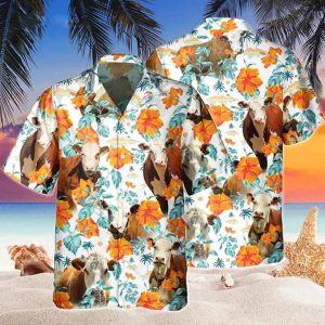 Hereford Cow Hawaiian Shirt with Bright Hibiscus Floral Theme