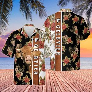 Hibiscus Flowers Gelbvieh Cattle Brown Trendy Hawaiian Shirt, Cow Trendy Hawaiian Shirt, Summer Gifts For Men And Women