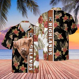 Hibiscus Flowers Highlands Cattle Brown Trendy Hawaiian Shirt, Cow Trendy Hawaiian Shirt, Summer Gifts For Men And Women