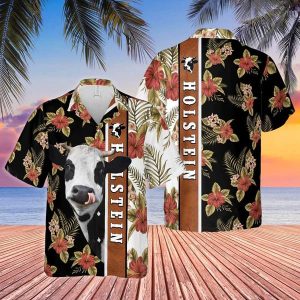 Hibiscus Flowers Holstein Cattle Brown 3D Trendy Hawaiian Shirt, Cow Trendy Hawaiian Shirt, Summer Gifts For Men And Women
