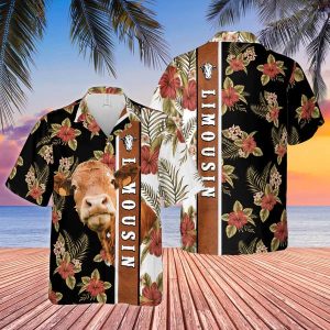 Hibiscus Flowers Limousin Cattle Brown Trendy Hawaiian Shirt, Cow Trendy Hawaiian Shirt, Summer Gifts For Men And Women